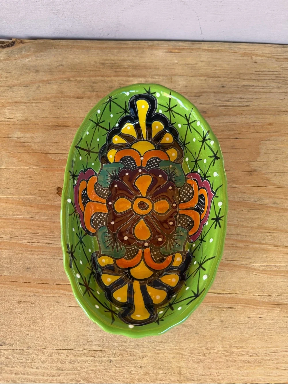 Hand-Painted Ceramic Serving Dish in Bright Green with Orange Floral Motif